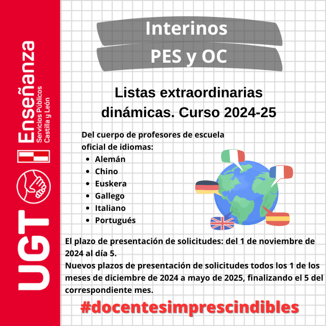 Interinos. PES y otros cuerpos. Listas extraordinarias dinámicas. Curso 24 / 25. Convocatoria nuevas especialidades