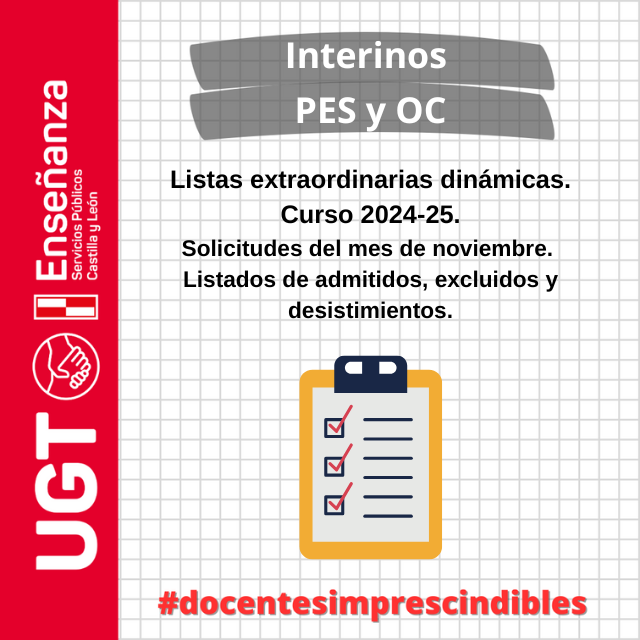 Interinos. Listas extraordinarias dinámicas. Curso 24 / 25. Solicitudes del mes de noviembre. Listados de admitidos, excluidos y desistimientos.