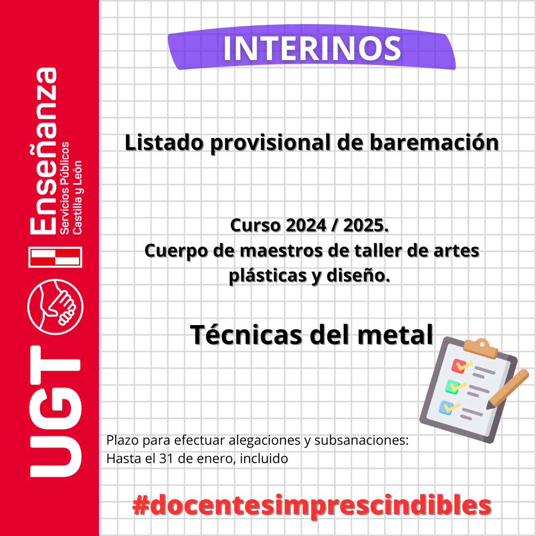 Interinos. Curso 2024 / 2025. PES y otros cuerpos. Convocatorias extraordinarias. Cuerpo de maestros de taller de artes plásticas y diseño. Técnicas del metal. Listado provisional de baremación.