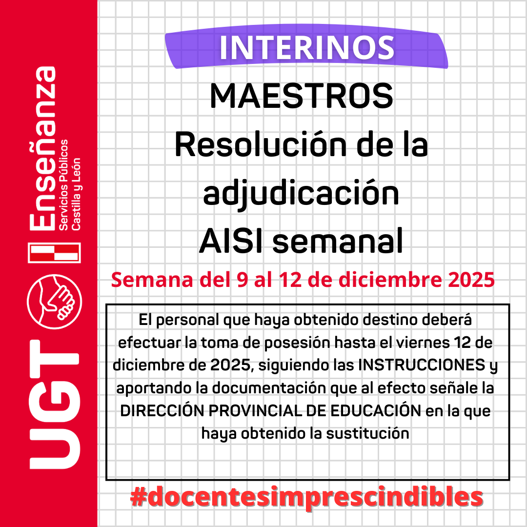 Maestros interinos: curso 2025/2026. AISI semana del 9 al 12 de diciembre 2025. Adjudicación