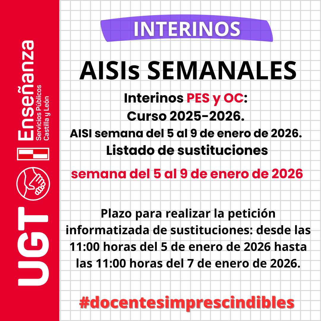 Interinos PES y otros cuerpos: Curso 2025-2026. AISI semana del 5 al 9 de enero de 2026. Listado de sustituciones