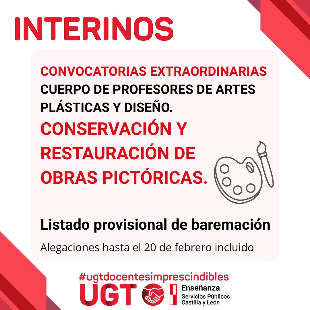 Interinos 25/26. Convocatorias extraordinarias. Profesores de artes plásticas y diseño: Conservación y restauración de obras pictóricas. Listado provisional de baremación