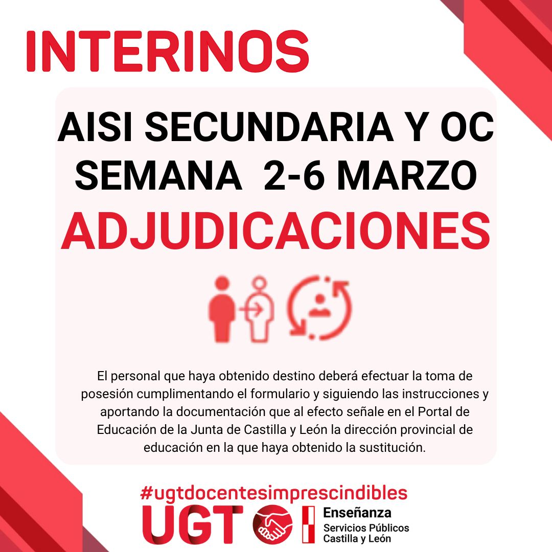 Interinos PES y otros cuerpos: Curso 2025-2026. AISI semana del 2 al 6 de marzo de 2026. Adjudicaciones