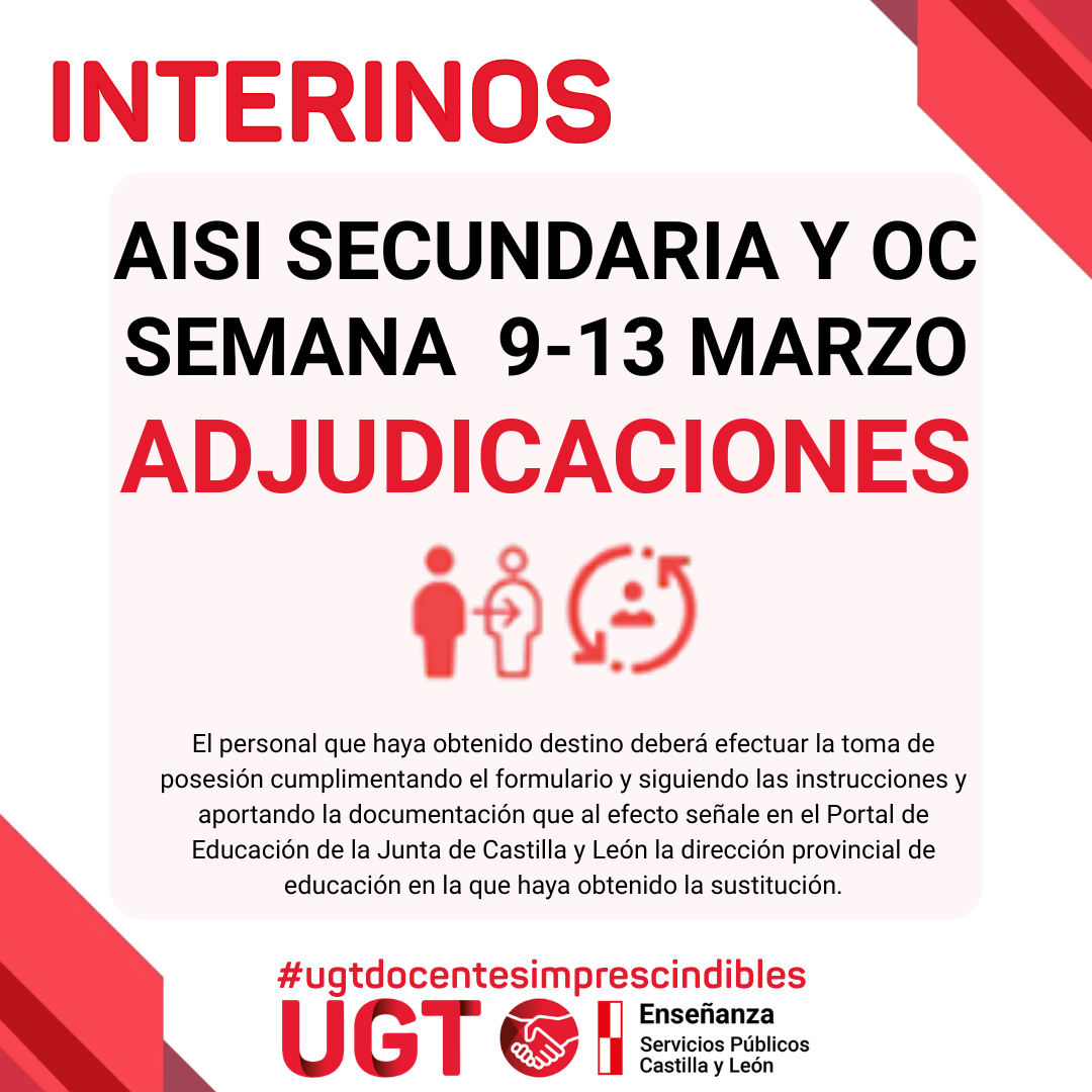 Interinos PES y otros cuerpos: Curso 2025-2026. AISI semana del 9 al 13 de marzo de 2026. Adjudicaciones