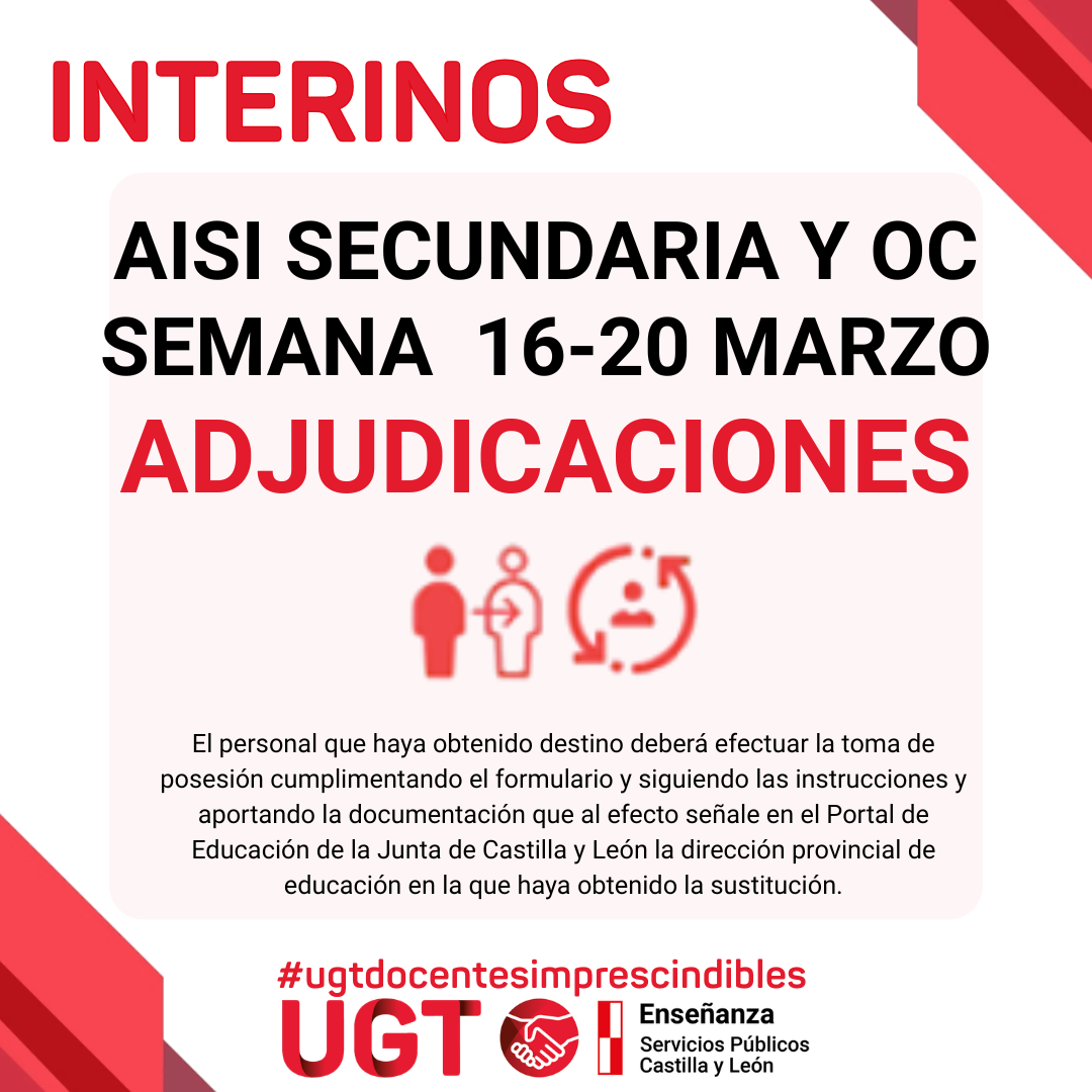 Interinos PES y otros cuerpos: Curso 2025-2026. AISI semana del 16 al 20 de marzo de 2026. Adjudicaciones