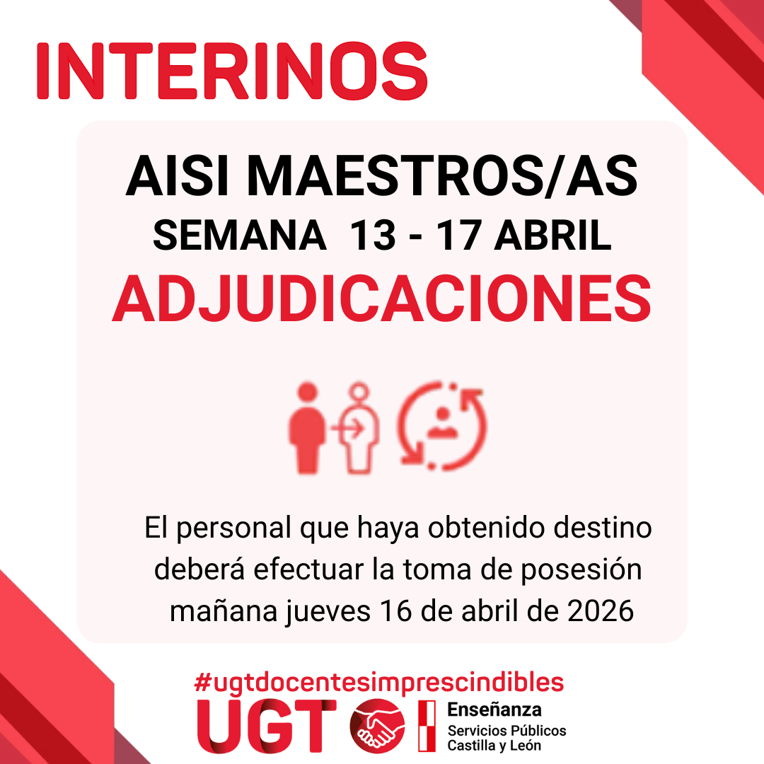 Maestros interinos: curso 2025/2026. AISI semana del 13 al 17 de abril de 2026. Adjudicaciones.