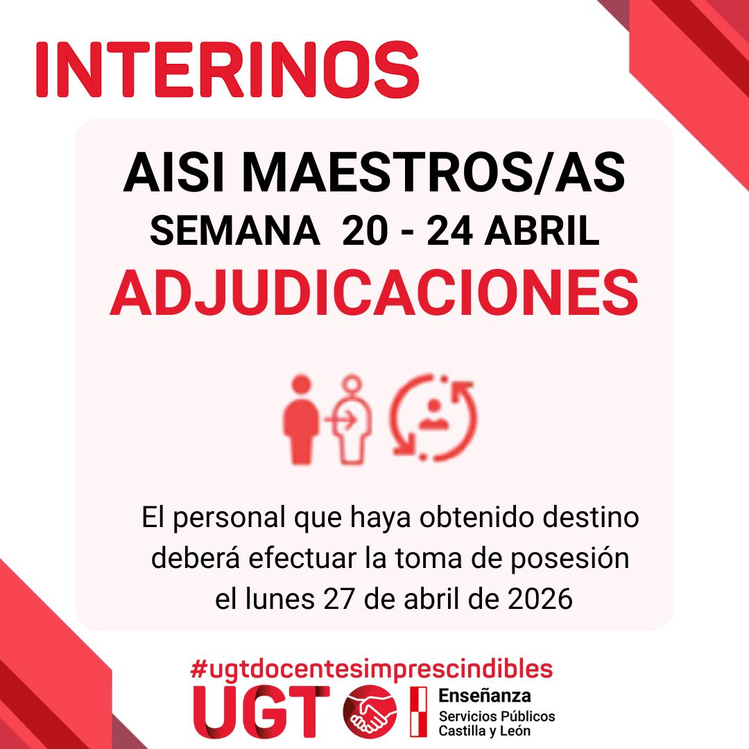 Maestros interinos: curso 2025/2026. AISI semana del 20 al 24 de abril de 2026. Adjudicaciones
