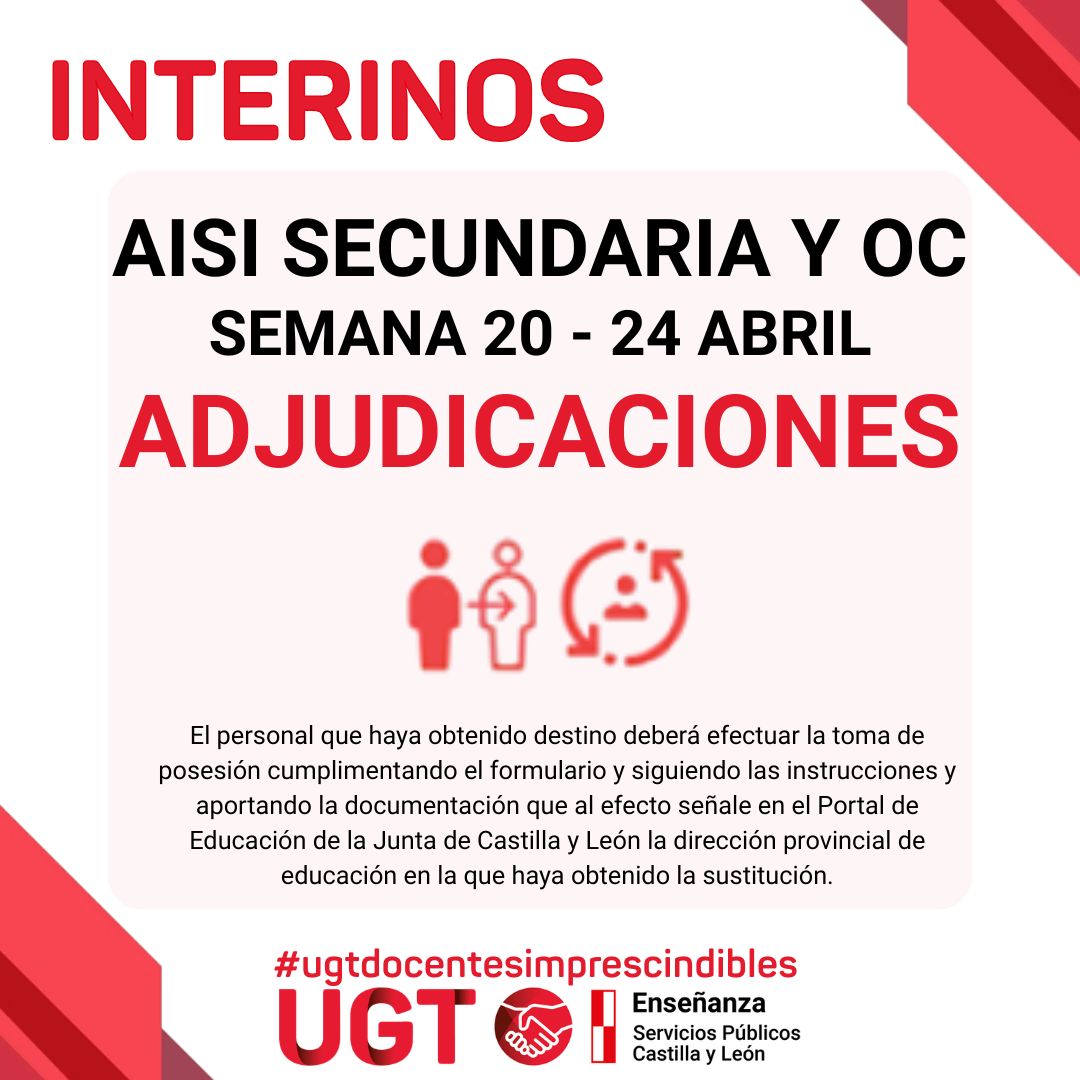 Interinos PES y otros cuerpos: Curso 2025-2026. AISI semana del 20 al 24 de abril de 2026. Adjudicaciones.