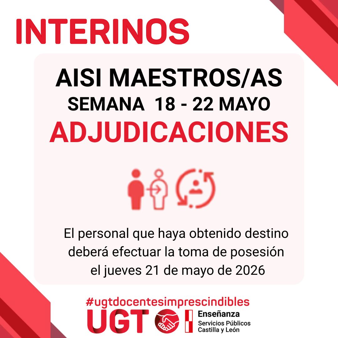 Maestros interinos: curso 2025/2026. AISI semana del 18 al 22 de mayo de 2026. Adjudicaciones.
