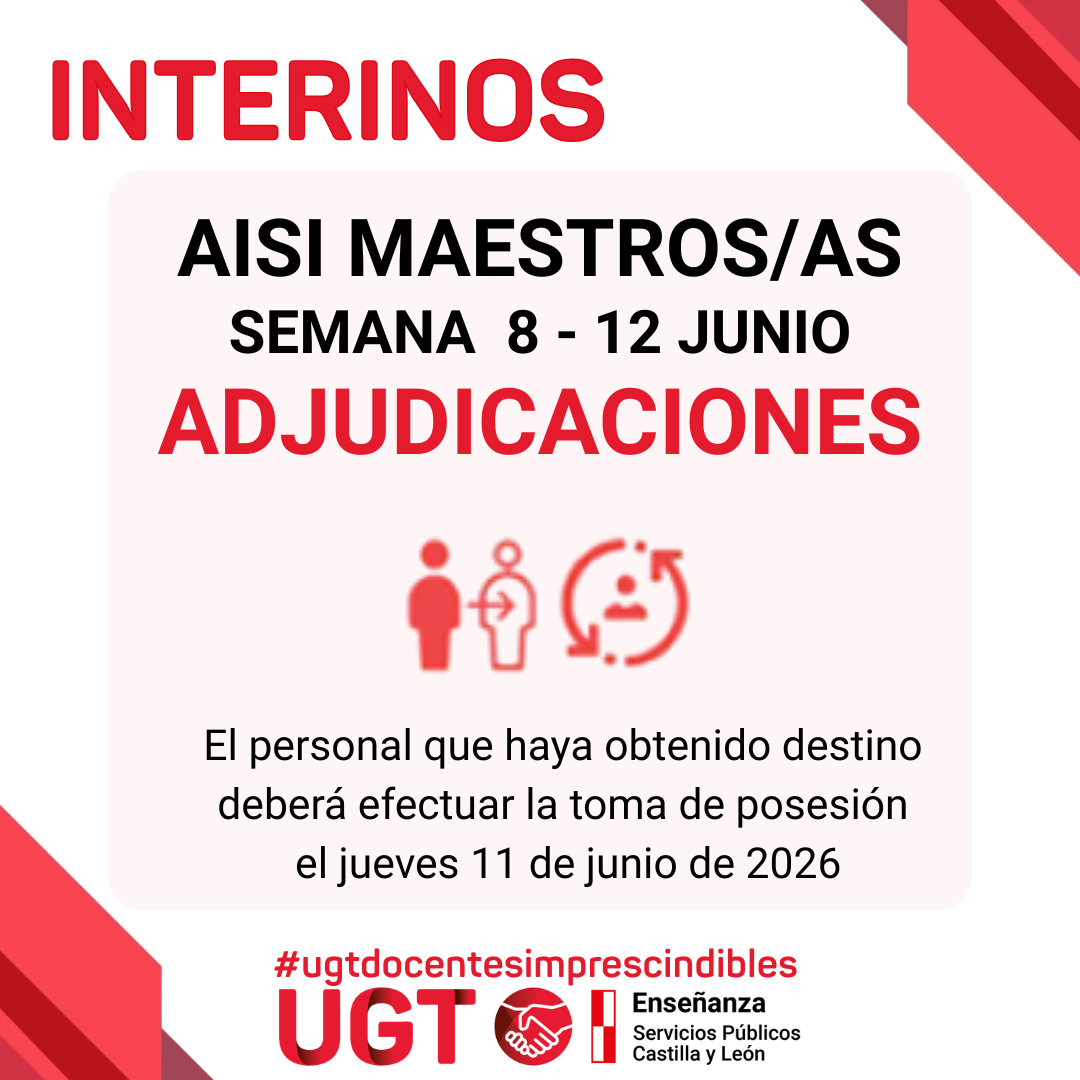 Maestros interinos: curso 2025/2026. AISI semana del 8 al 12 de junio de 2026. Adjudicaciones