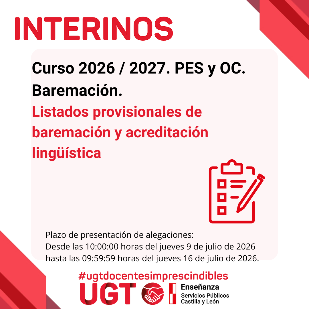 Interinos. Curso 2026 / 2027. PES y otros cuerpos. Baremación. Listados provisionales de baremación y acreditación lingüística