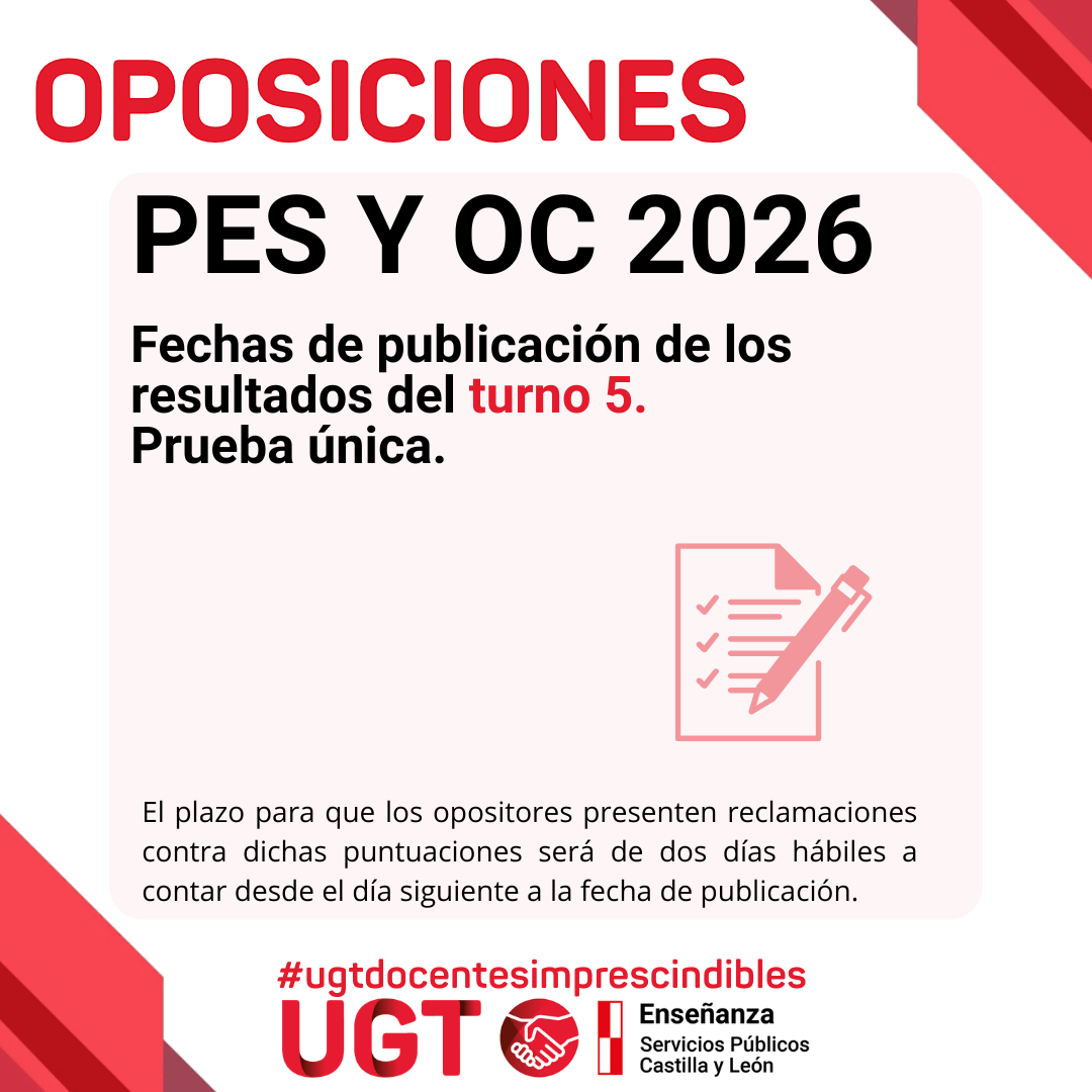 Fechas de publicación de los resultados del turno 5. Prueba única.