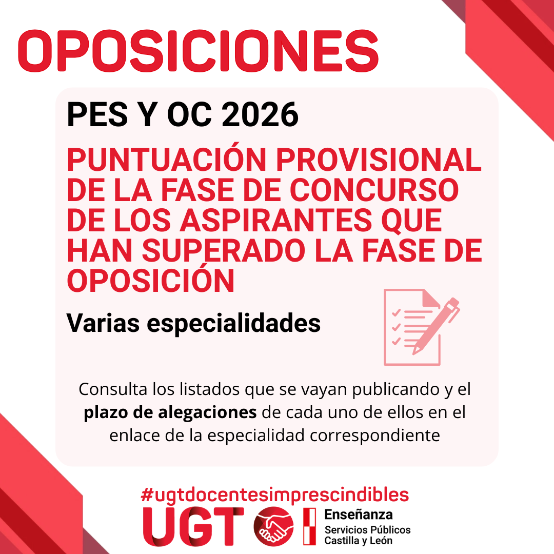 Oposiciones 2026. PES y OC. Puntuación provisional de la fase de concurso de los aspirantes que han superado la fase de oposición