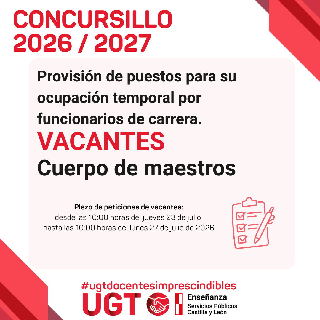 «Concursillo» Provisión de puestos para su ocupación temporal por funcionarios de carrera. Curso 2026 / 2027. Vacantes. Cuerpo de maestros
