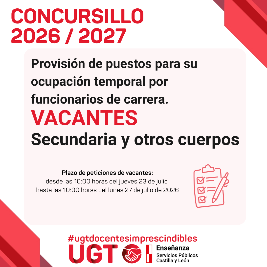 «Concursillo» Provisión de puestos para su ocupación temporal por funcionarios de carrera. Curso 2026 / 2027. Vacantes. Secundaria y otros cuerpos