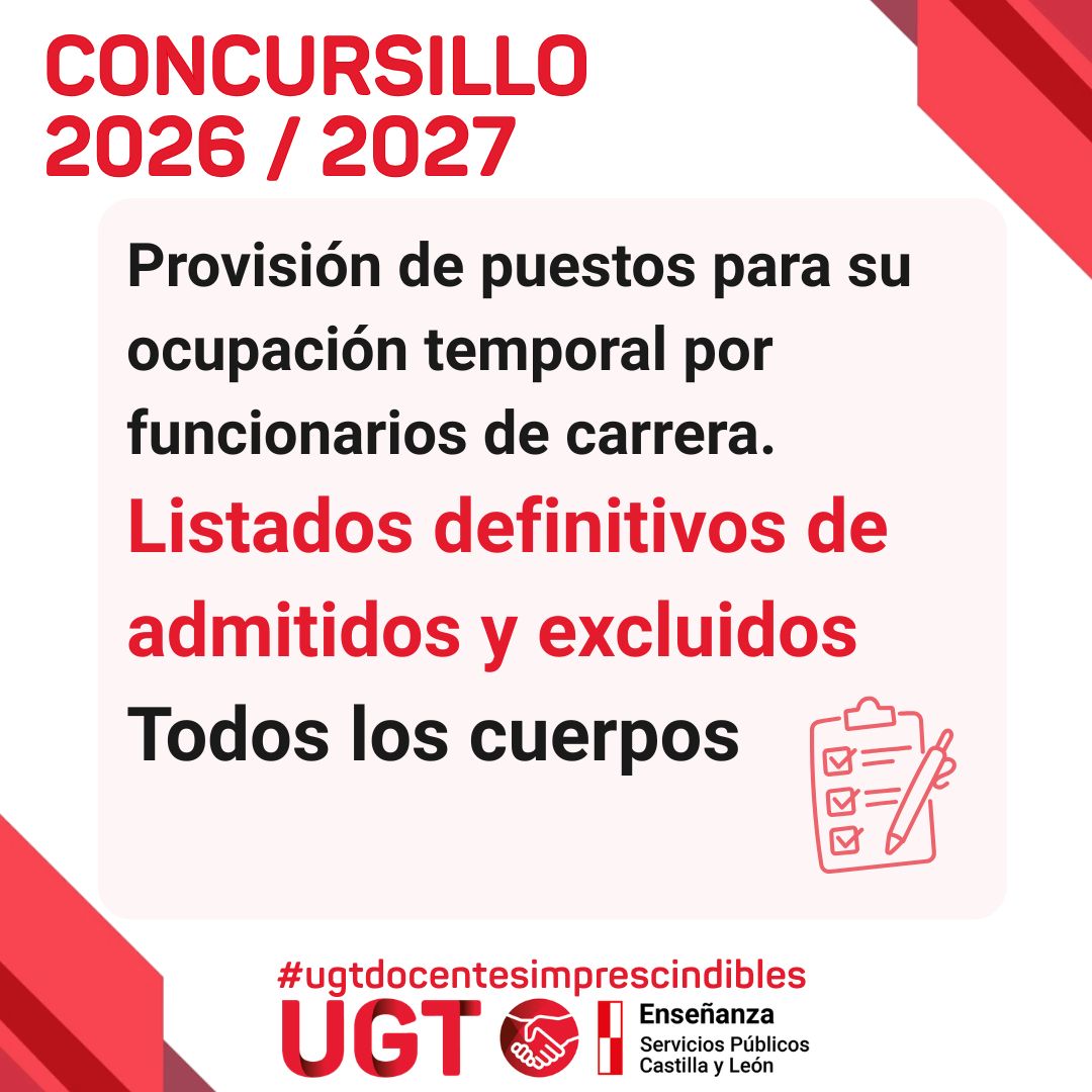«Concursillo» Provisión de puestos para su ocupación temporal por funcionarios de carrera. Curso 2026 / 2027. Listados definitivos de admitidos y excluidos. Todos los cuerpos