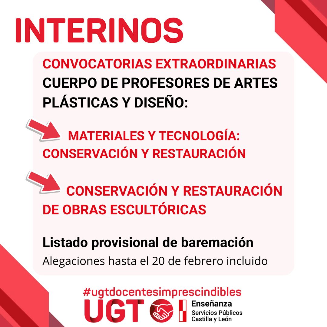 Profesores de artes plásticas y diseño: Materiales y tecnología: Conservación y restauración y Conservación y restauración de obras escultóricas. Listado provisional de baremación