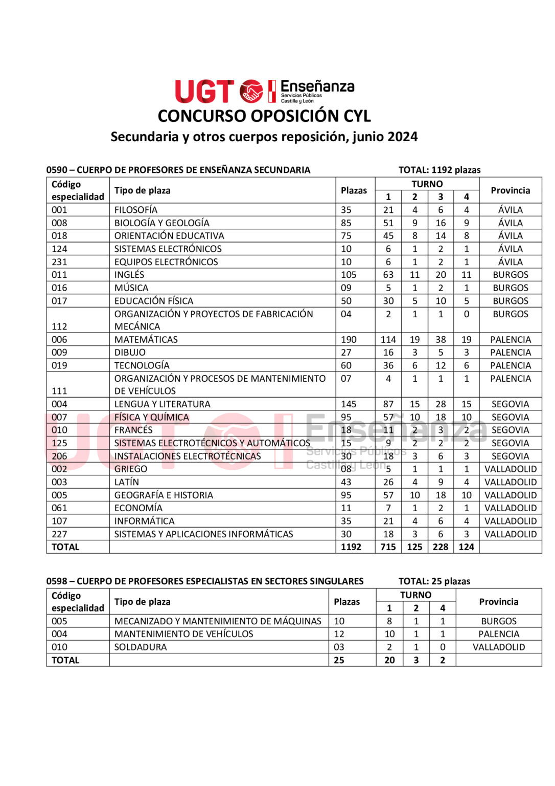 Oposiciones 2024 CyL. Secundaria Y Otros Cuerpos. Plazas Y Provincias ...