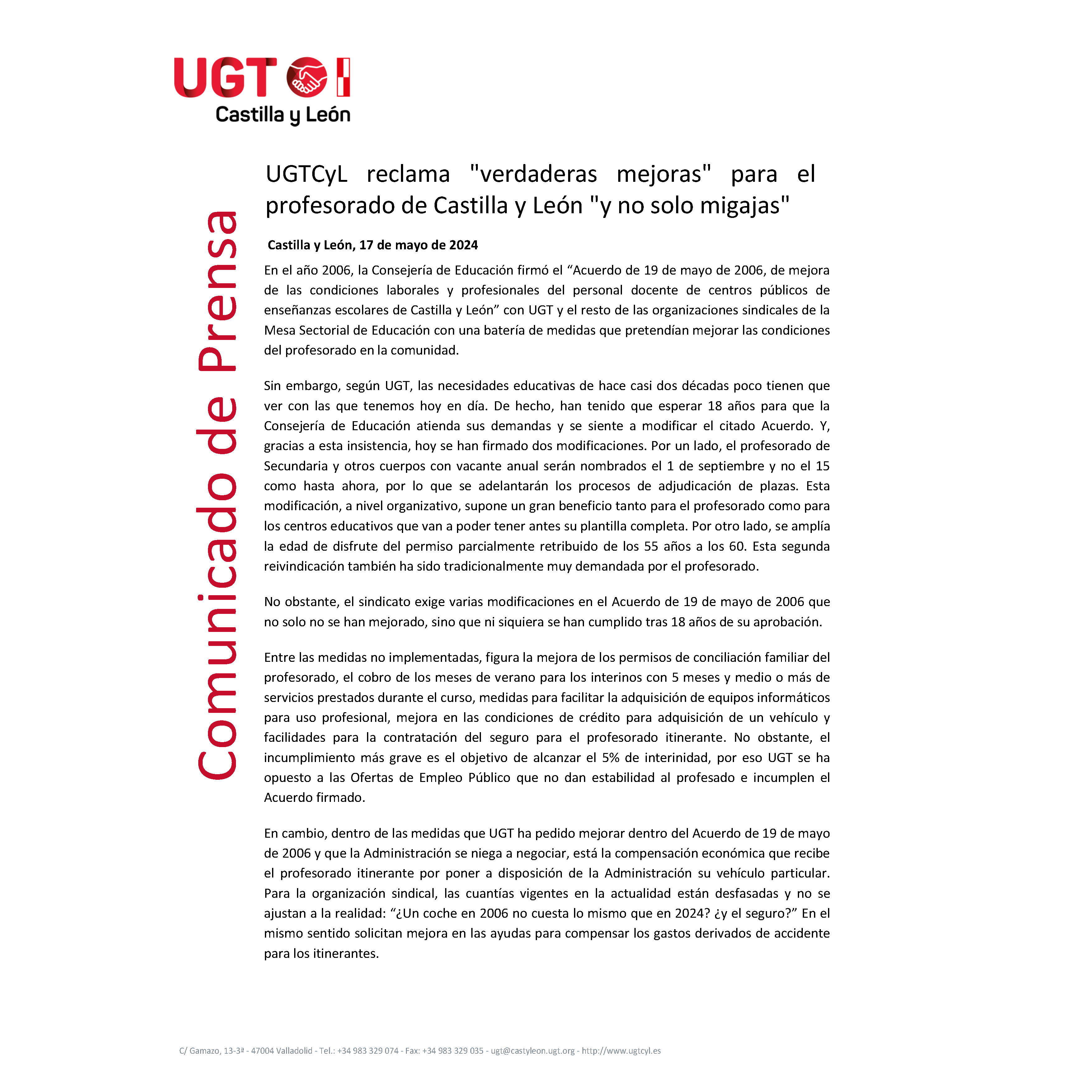 UGT CyL reclama “verdaderas mejoras” para el profesorado de Castilla y León y “no solo migajas”